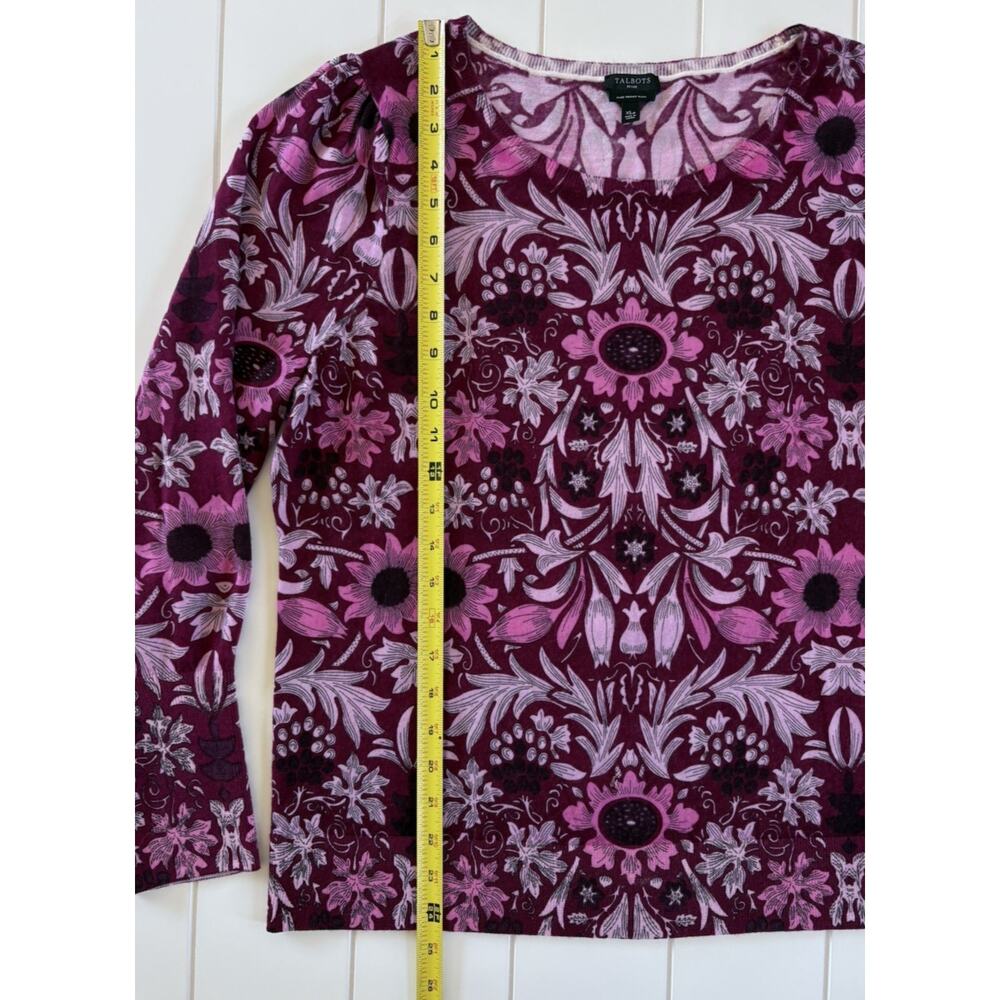 Talbots Womens XL Petite Lightweight Merino Wool Floral Sweater Pink Burgundy - Picture 11 of 11